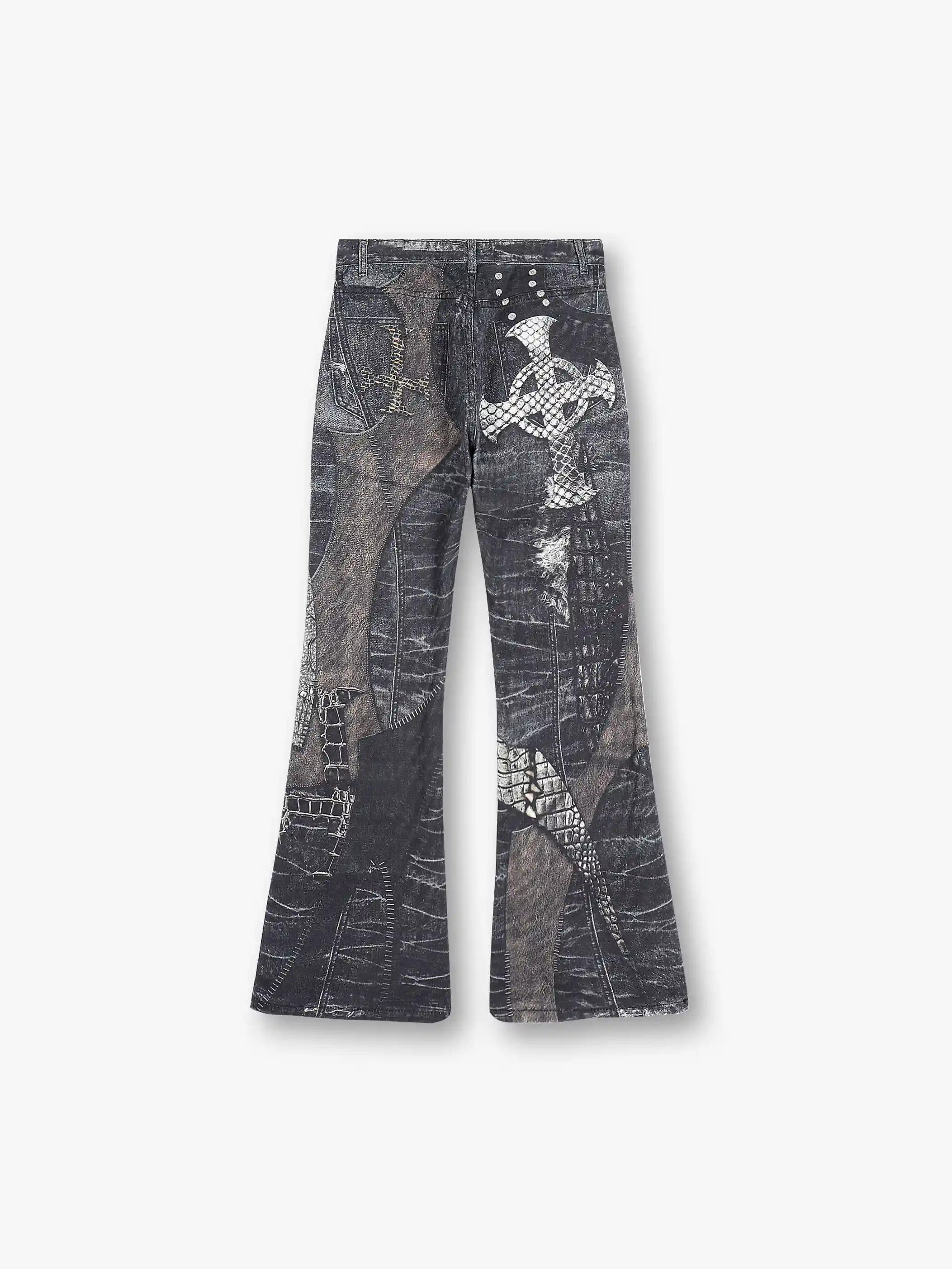 Printed Flared Denim Pants with Distressed Design Trendy Streetwear Fashion