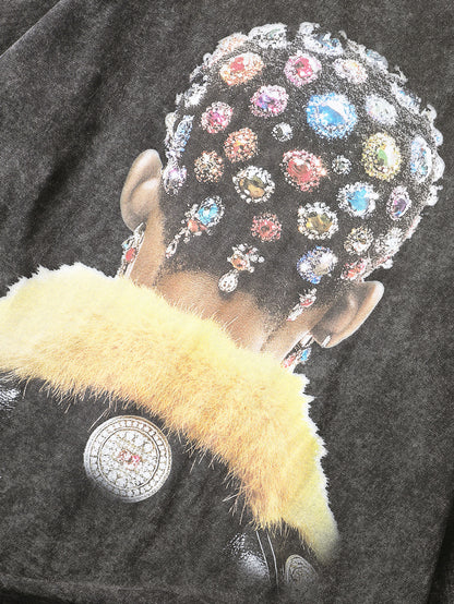 Summer Style Black Graphic T-Shirt with Jewel-Encrusted Hairstyle Print Trendy Streetwear Casual Top - S128