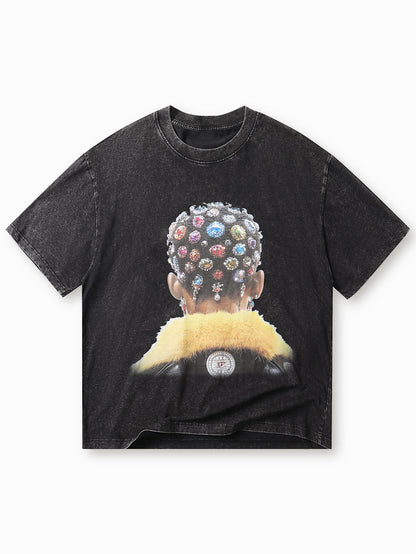 Summer Style Black Graphic T-Shirt with Jewel-Encrusted Hairstyle Print Trendy Streetwear Casual Top - S128
