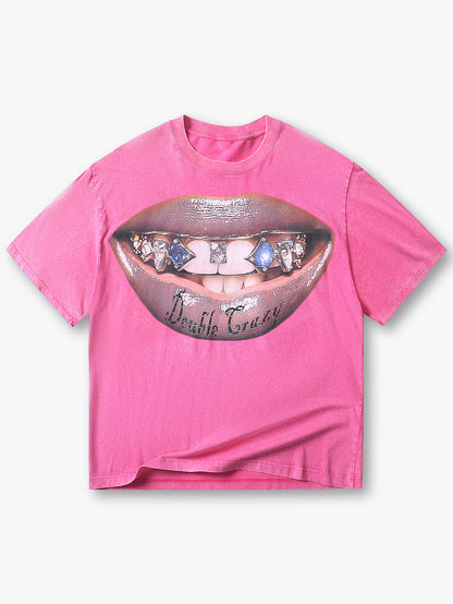 New Style Pink Graphic T-Shirt with Lip Print Trendy Streetwear Casual Top - S127