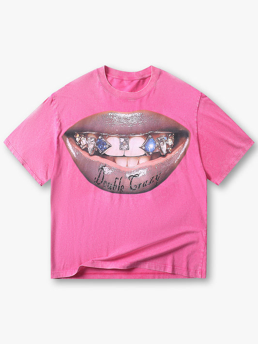 New Style Pink Graphic T-Shirt with Lip Print Trendy Streetwear Casual Top - S127