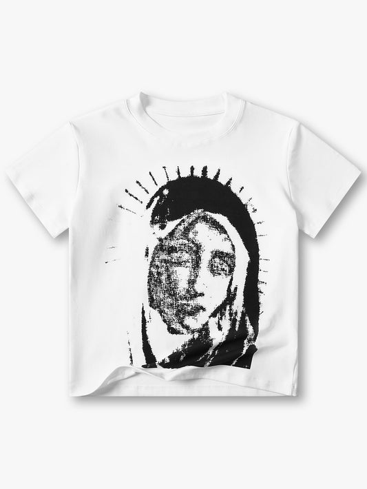 Streetstyle Women Graphic Tee with Virgin Mary Print Religious Art Black and White Unisex Fashion - 140
