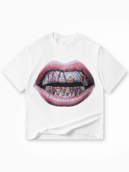 New Arrival White T-shirt with Graphic Mouth and Art-Inspired Diamond Teeth - 063