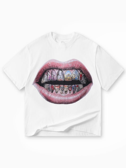 New Arrival White T-shirt with Graphic Mouth and Art-Inspired Diamond Teeth - 063