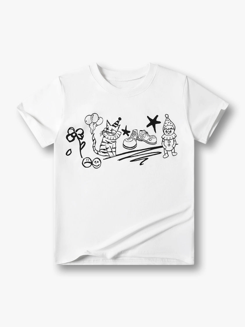Cartoon Cat and Clown Graphic Summer T-shirt-S999