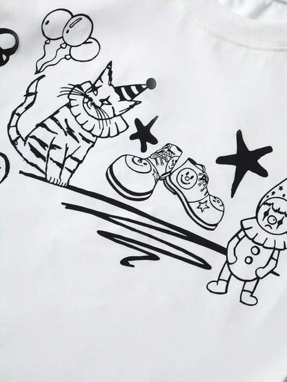 Cartoon Cat and Clown Graphic Summer T-shirt-S999