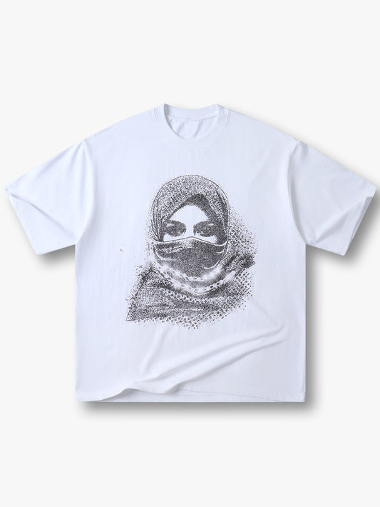 Trendy Oversize White Graphic Tee with Sparkling Hijab Portrait Print Casual Short Sleeve Top - 155