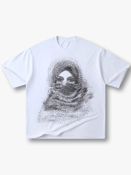 Trendy Oversize White Graphic Tee with Sparkling Hijab Portrait Print Casual Short Sleeve Top - 155