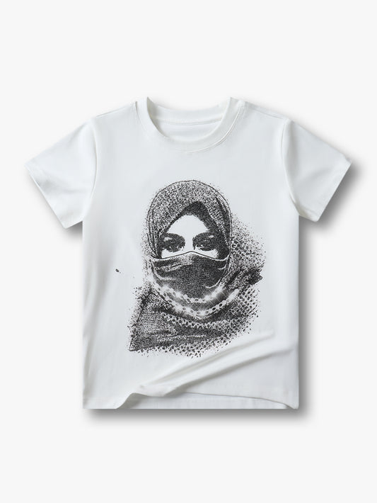 Double Crazy White Graphic Tee with Artistic Portrait Print Casual Short Sleeve Top for Girls - 154