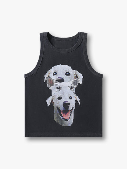 Graphic Tank Top with Pixelated Puppy Print Trendy Casual Streetwear Summer Sleeveless Top - 151