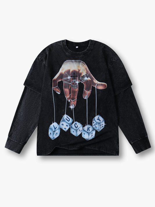 New Style Lucky Dice Graphic Sweatshirt with Skull Hand and Chain Design - 084