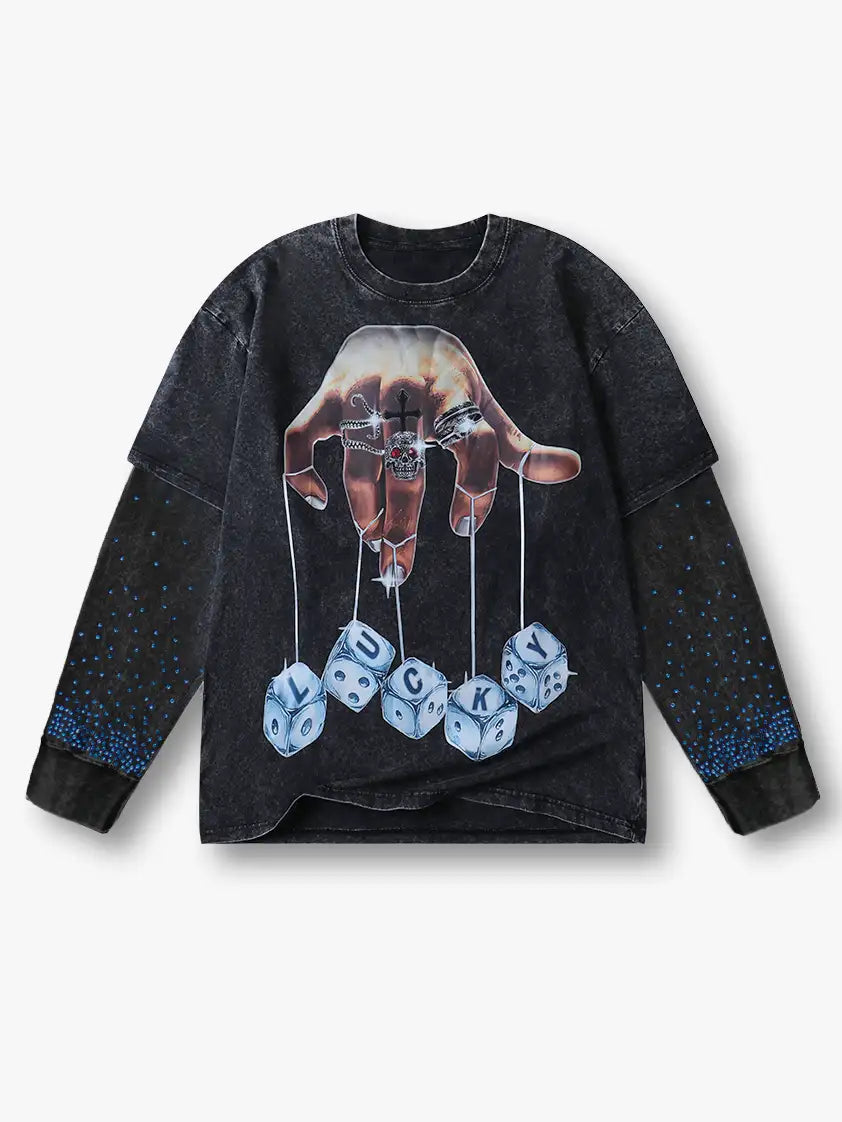 Sweat-shirt graphique Lucky Dice de style nouveau avec motif tête de mort et chaîne