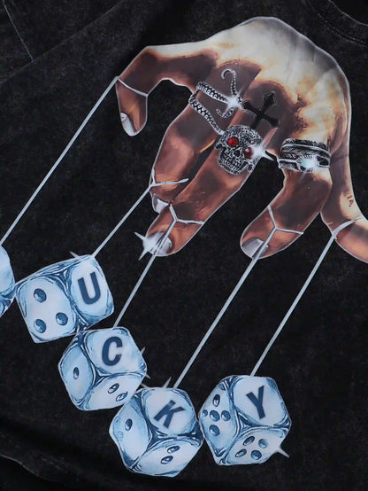Sweat-shirt graphique Lucky Dice de style nouveau avec motif tête de mort et chaîne