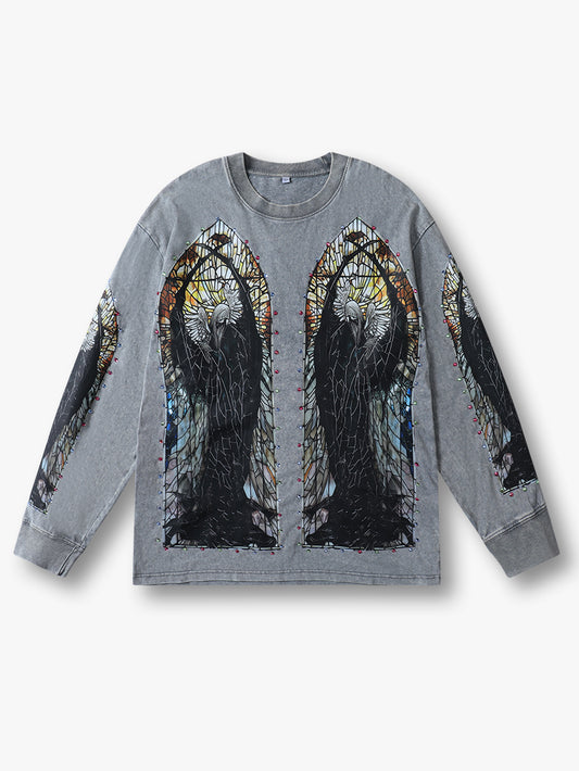 Double Crazy Long Sleeve Sweatshirt with Stained Glass Angel Print Trendy Streetwear Casual Top - 152