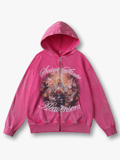 Oversized Washing Zip Up Hoodie with Angel and Cross Print Rhinestone Detail in Pink Casual Outerwear - 156P