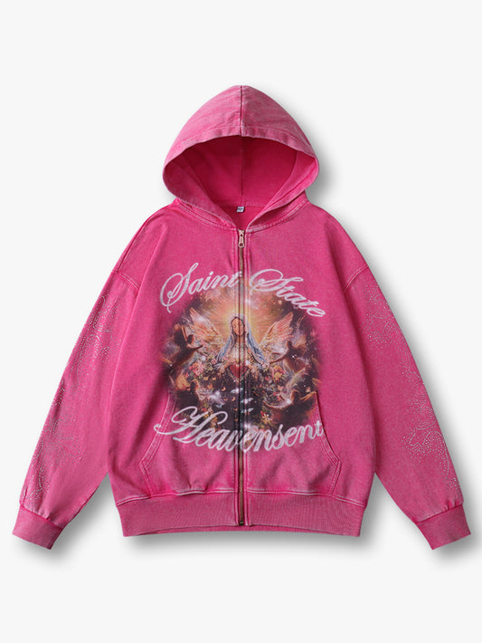 Oversized Washing Zip Up Hoodie with Angel and Cross Print Rhinestone Detail in Pink Casual Outerwear - 156P