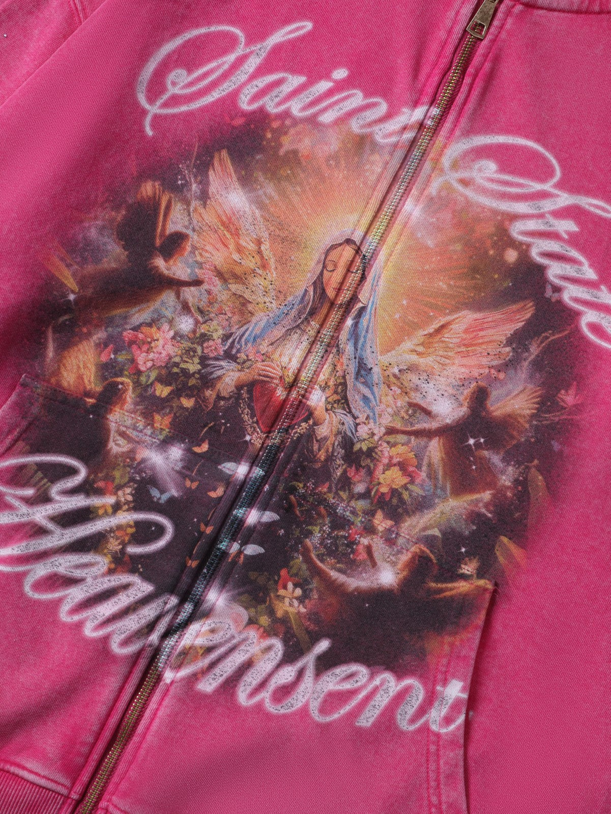 Oversized Washing Zip Up Hoodie with Angel and Cross Print Rhinestone Detail in Pink Casual Outerwear - 156P
