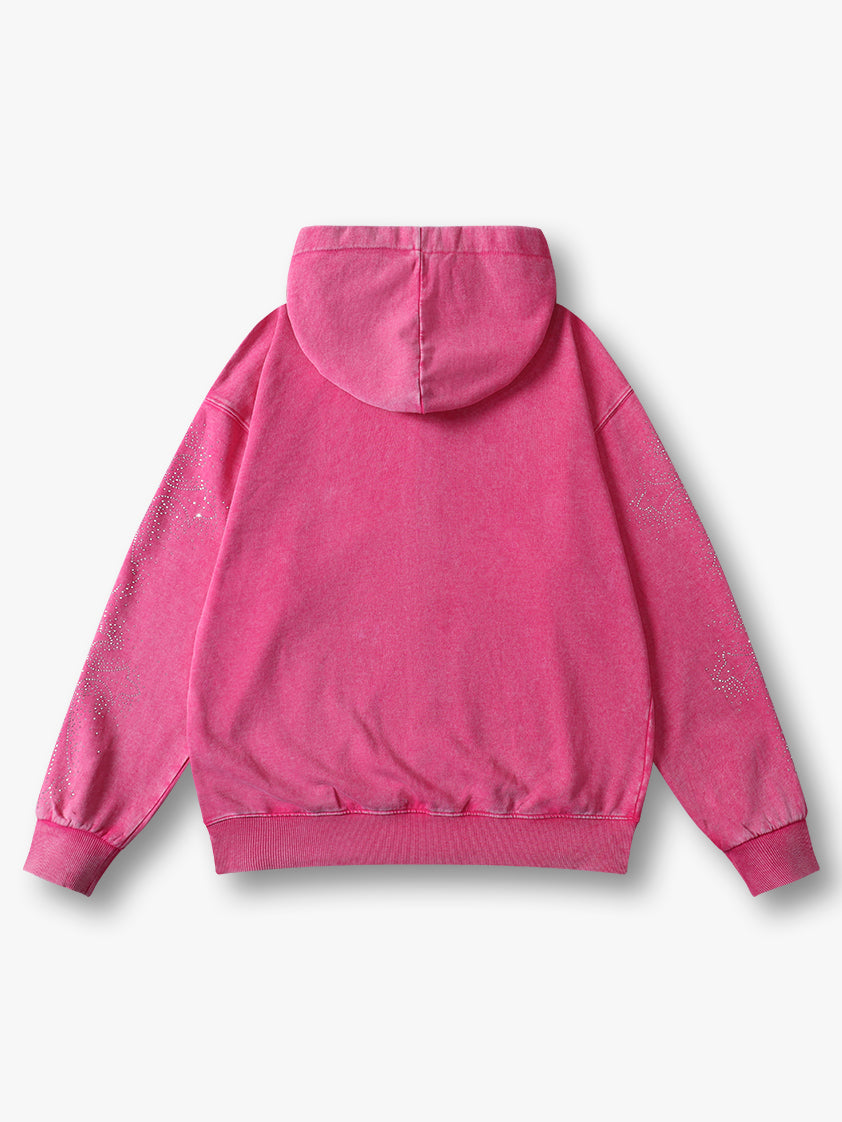 Oversized Washing Zip Up Hoodie with Angel and Cross Print Rhinestone Detail in Pink Casual Outerwear - 156P