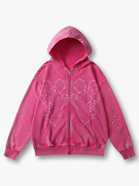 New Arrival Angel Graphic Zip Up Hoodie in Pink with Rhinestone and Heart Design Casual Outfits - 157