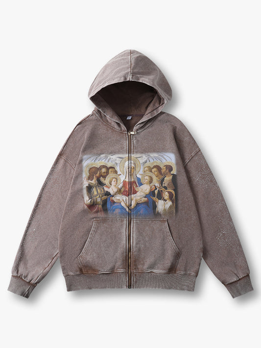 Street Style Vintage Print Zip-Up Hoodie Brown Streetwear Hoodie - 104