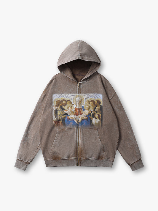 Street Style Vintage Print Zip-Up Hoodie Brown Streetwear Hoodie - 104