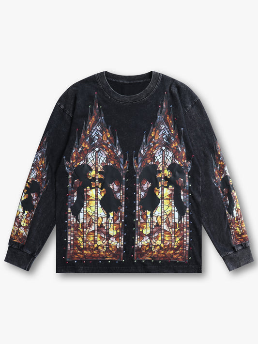 New Style Stained Glass Graphic Long Sleeve Sweatshirt Silhouette and Colorful Detail Casual Black Top - 159