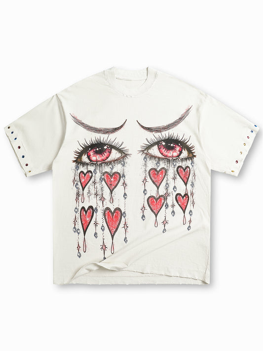 Double Crazy Graphic T-Shirt with Heart Tears and Eye Print Studded Detail Trendy Streetwear Casual Top - 148