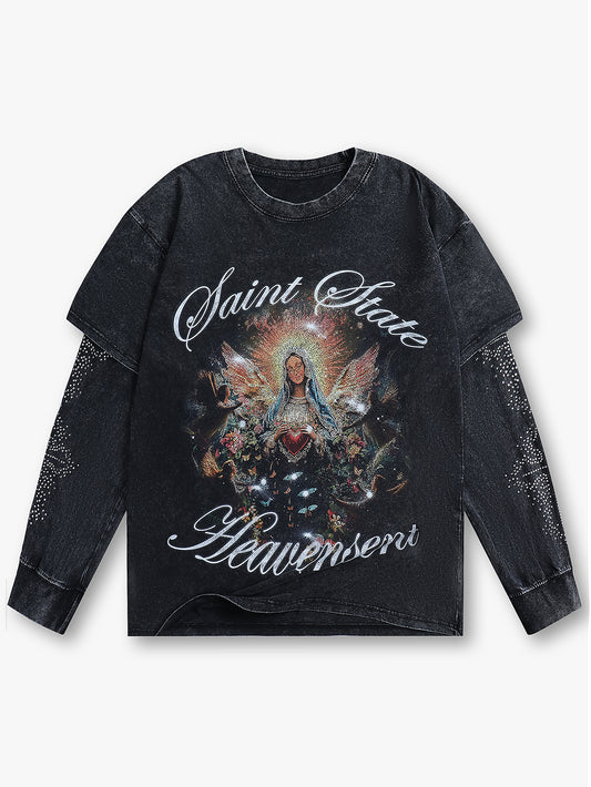 Street Style Long Sleeve Graphic Tee with Angel and Cross Print Vintage Black Casual Top - 156B