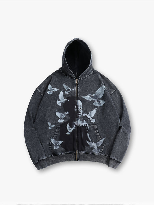 Nouveau sweat à capuche graphique avec motif colombes, sweat-shirt décontracté à fermeture éclair
