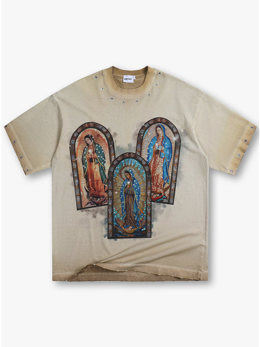 New Style Printed T Shirt Vintage Religious Distressed Streetwear Tee-170