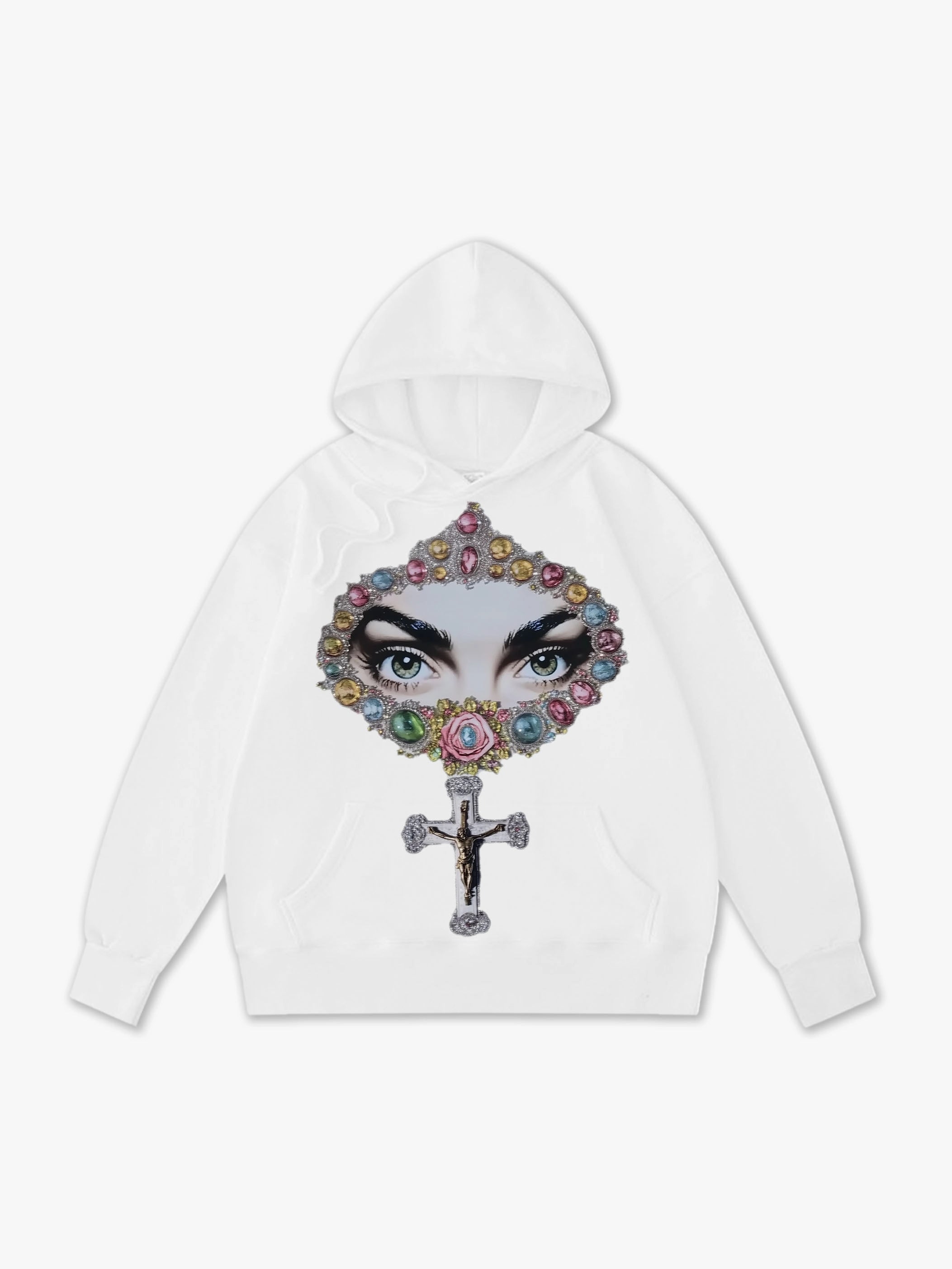 White Hoodie with Jewel Eyes and Cross Graphic Print