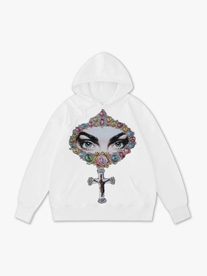 White Hoodie with Jewel Eyes and Cross Graphic Print