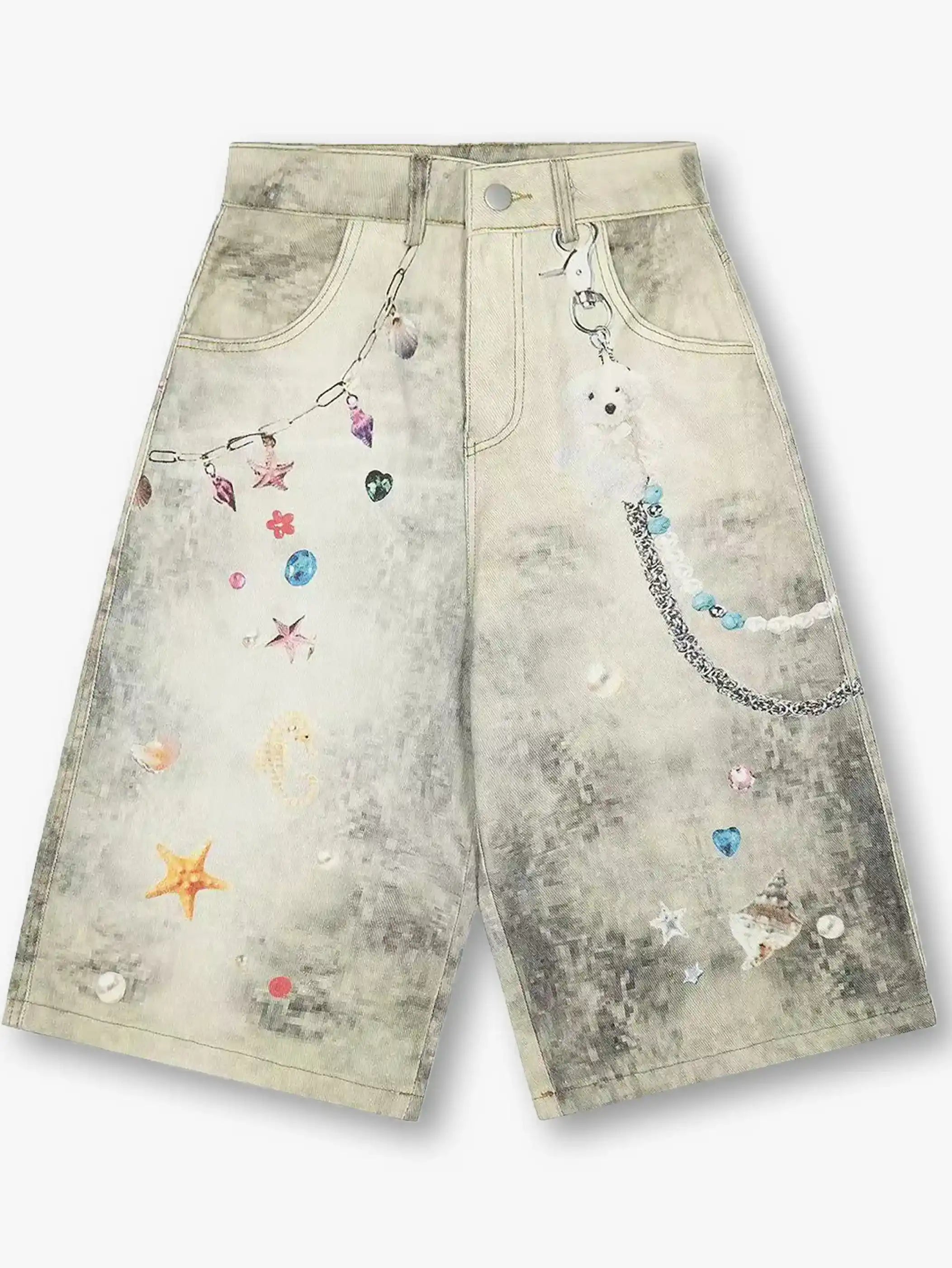 Y2K Streetwear Style High Waist Denim Shorts Washed Loose Fit Kawaii Charm Decor-S1035