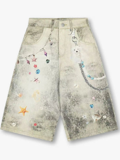 Y2K Streetwear Style High Waist Denim Shorts Washed Loose Fit Kawaii Charm Decor-S1035