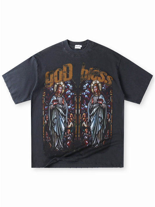 God Bless Stained Glass T Shirt Vintage Religious Angel Graphic Tee-158