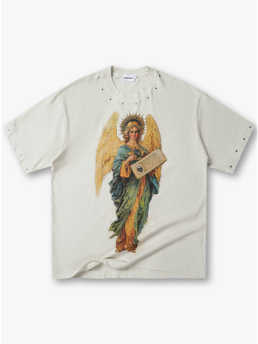 Double Crazy Angel Graphic T Shirt Vintage Distressed Holy Oversized Streetwear Tee-169