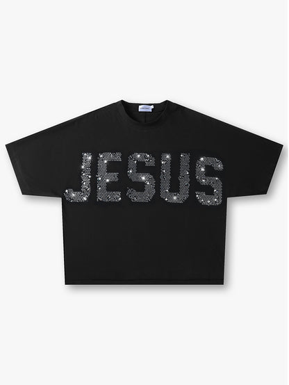 Sparkle Style Jesus Rhinestone T Shirt Black Oversized Christian Graphic Tee Streetwear-203