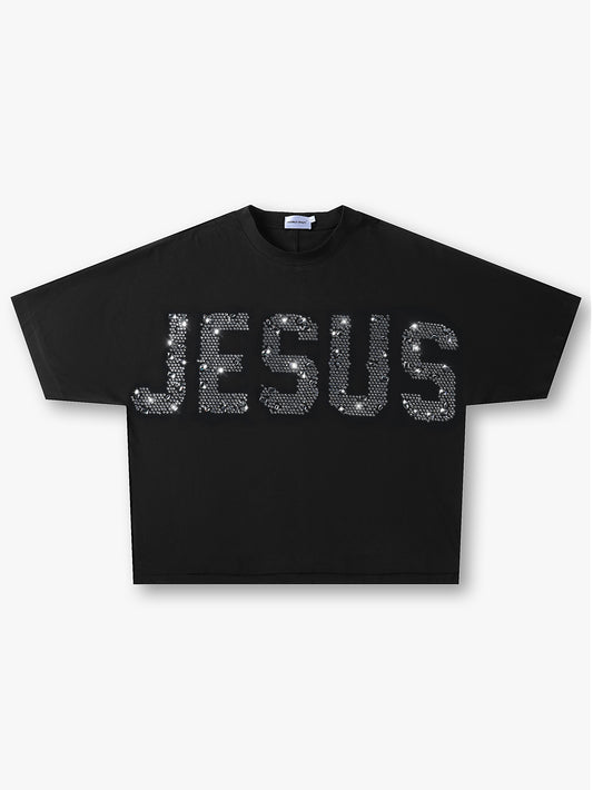 Sparkle Style Jesus Rhinestone T Shirt Black Oversized Christian Graphic Tee Streetwear-203