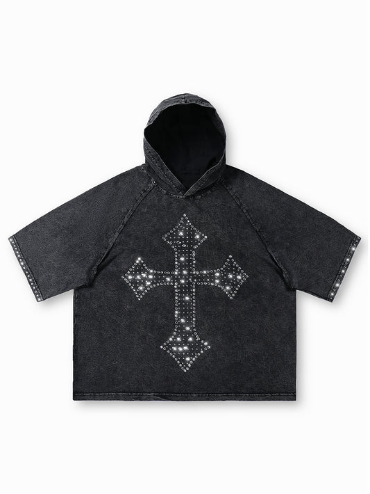 Rhinestone Cross Hoodie Tee Washed Black Gothic Streetwear Oversized Pullover Sparkle Top-202