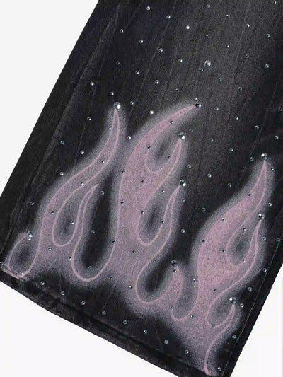 Double Crazy Flames Denim Shorts-199