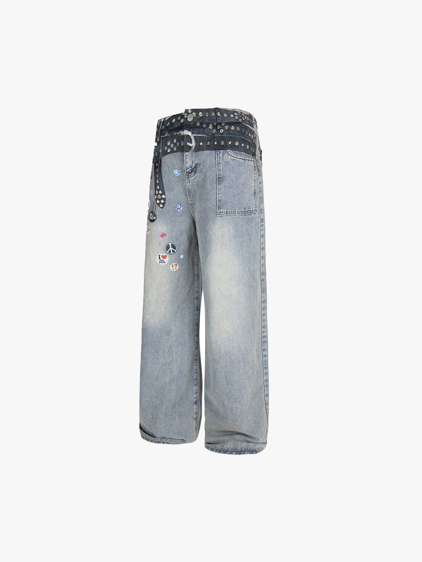 Y2K Wide Leg Jeans Women Studded Patchwork High Waist Denim Pants-S1003