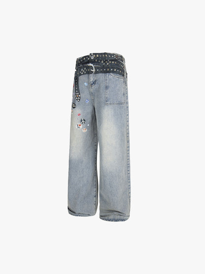 Y2K Wide Leg Jeans Women Studded Patchwork High Waist Denim Pants-S1003