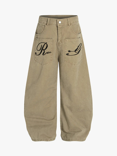 Retro Embroidery Wide Blade Pants-S1120