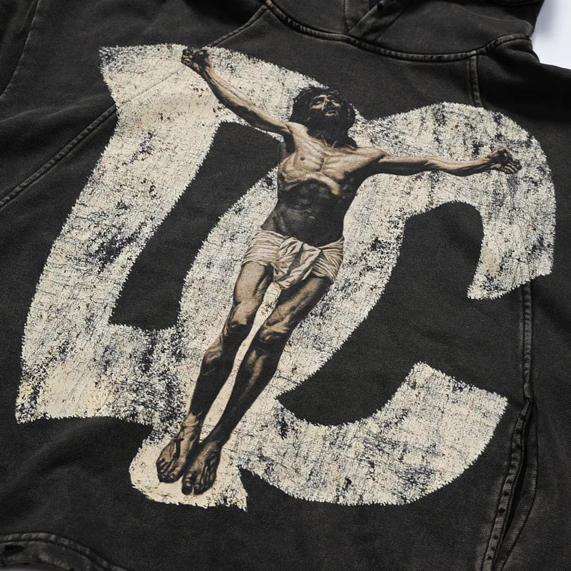 Vintage Savior Print Boxy Hoodie-719