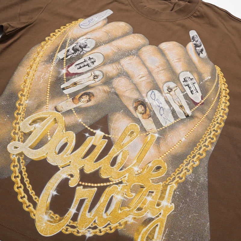 Camiseta holgada con caja de uñas y cadena dorada "Bling"-593