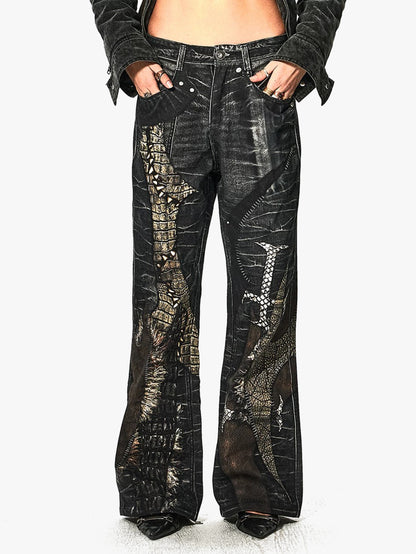 Printed Flared Denim Pants with Distressed Design Trendy Streetwear Fashion