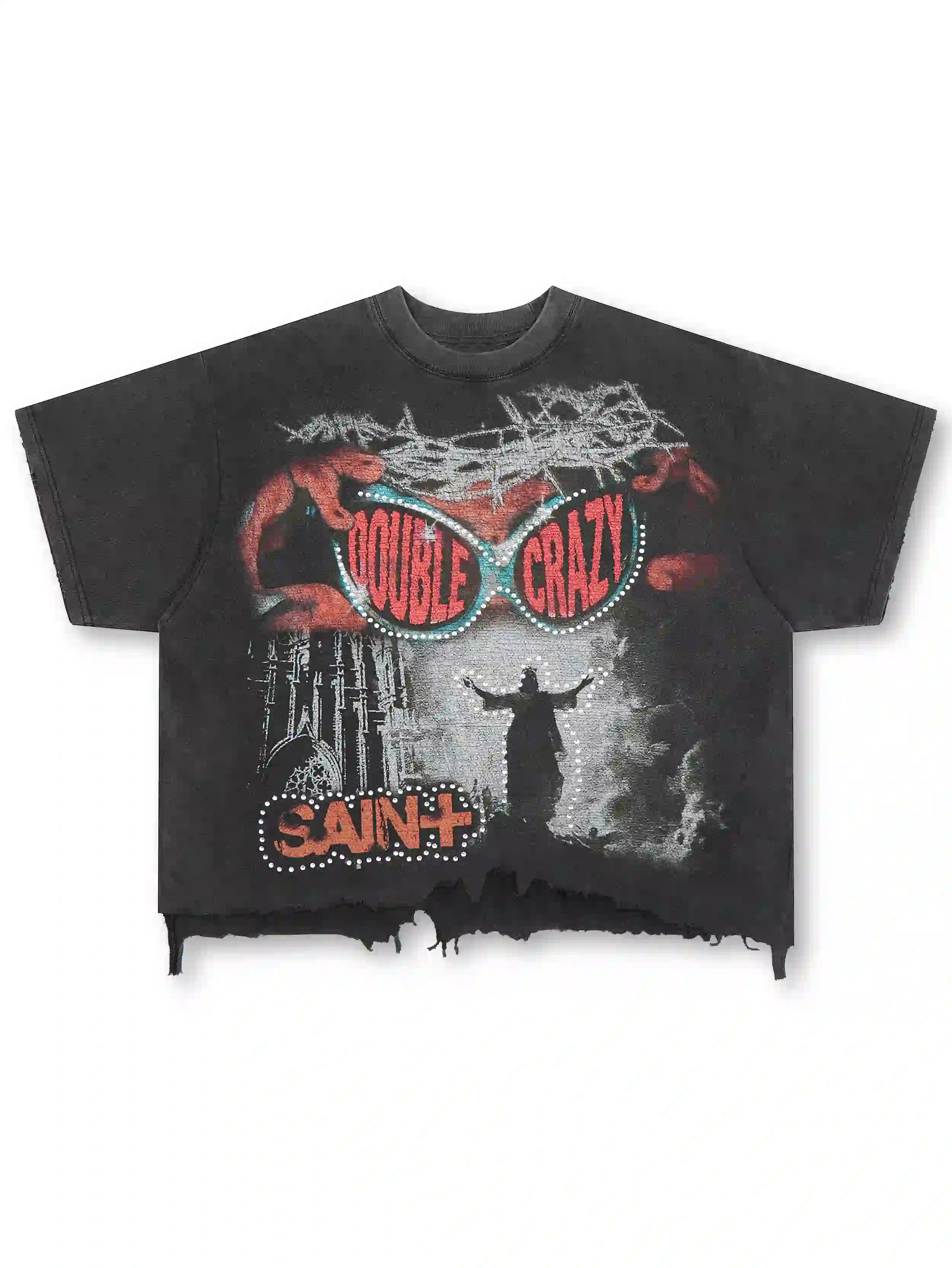 Iced-Eye Faded Raw Hem Graphic Tee-463