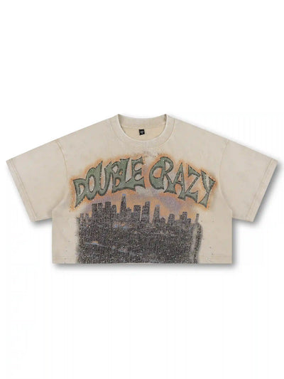 Camiseta corta Boxy con estampado Skyline de L.A. y pedrería-541