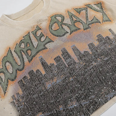 Camiseta corta Boxy con estampado Skyline de L.A. y pedrería-541