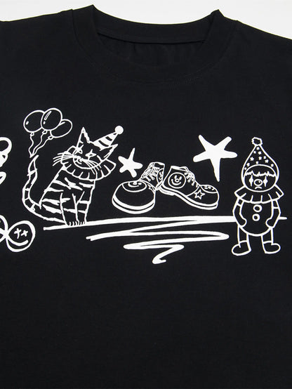 Cartoon Cat and Clown Graphic Summer T-shirt-S999